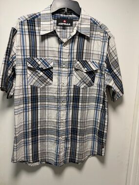 Airwalk Men’s Blue, Gray & Black Plaid Short Sleeve Button-Down Shirt